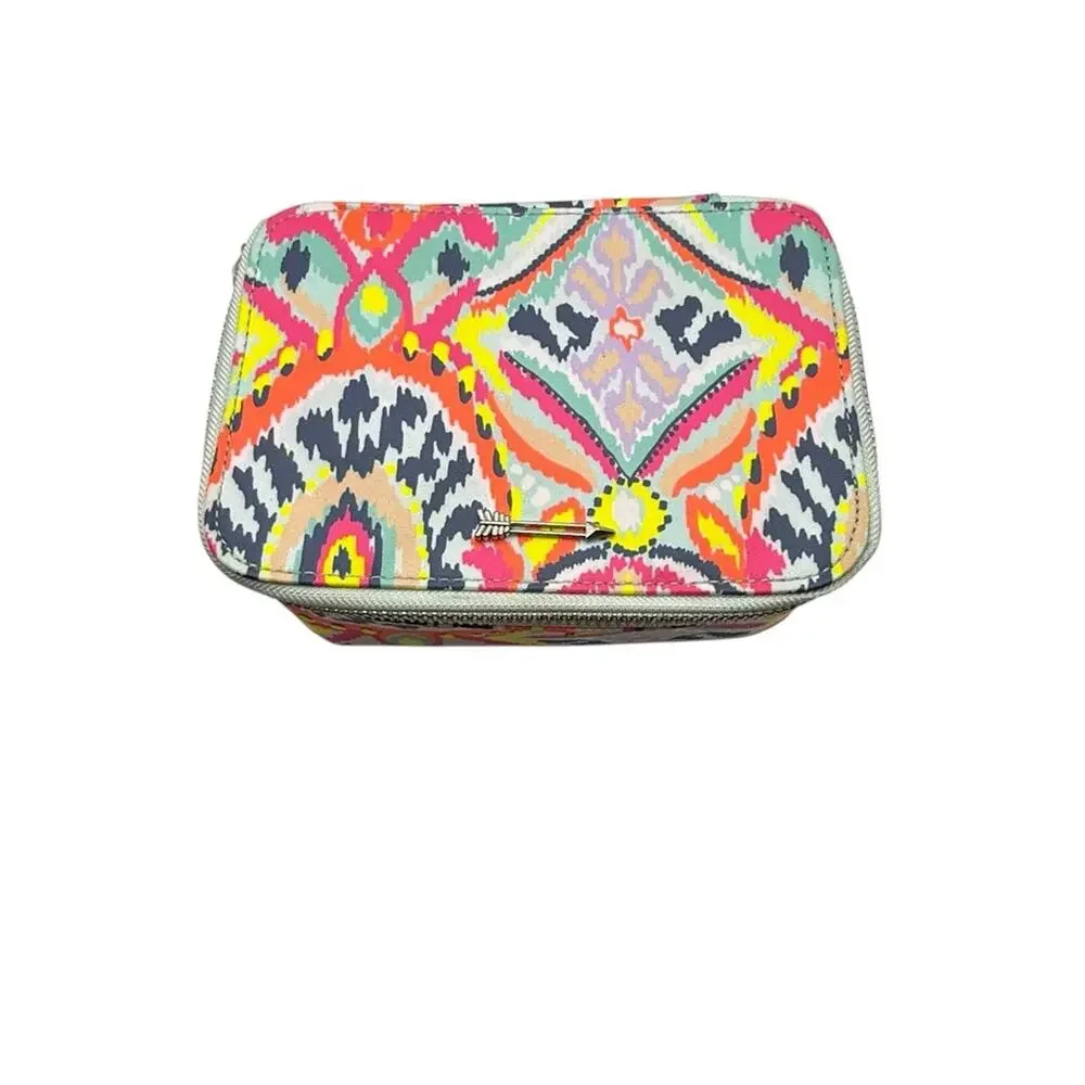 S & D Travel Jewelry Case with Multicolored Print and Zipper Closure